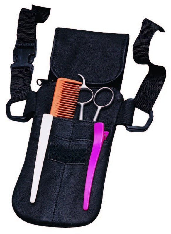 AMW Small Black Leather Pouch With 4 pockets, small zip compartment & clip-lock waist belt