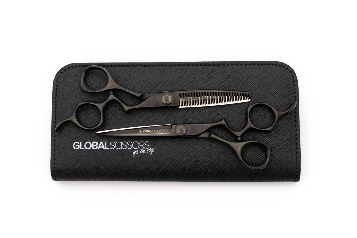 Global Scissors Raven Matte Black 6 Inch Cutting & 6 Inch Thinning Scissor Bundle